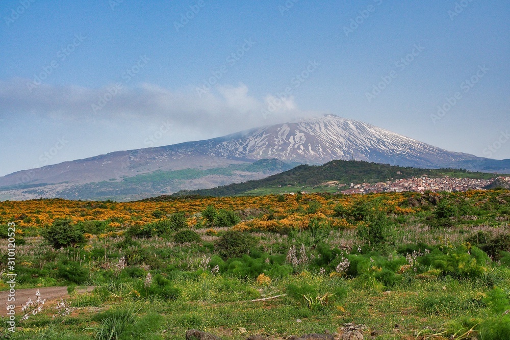 snovy volcano Etna National Park from Maletto, Sicily, Italy snovy volcano Etna National Park from Maletto, Sicily, Italy