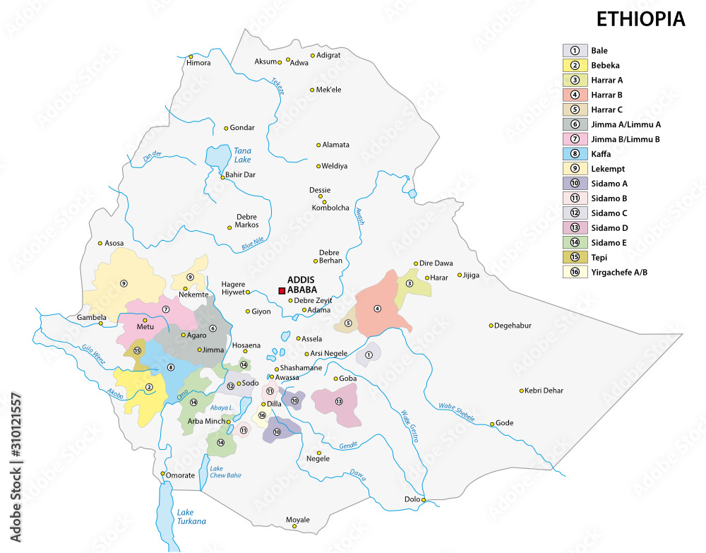 Map of the coffee growing regions of Ethiopia