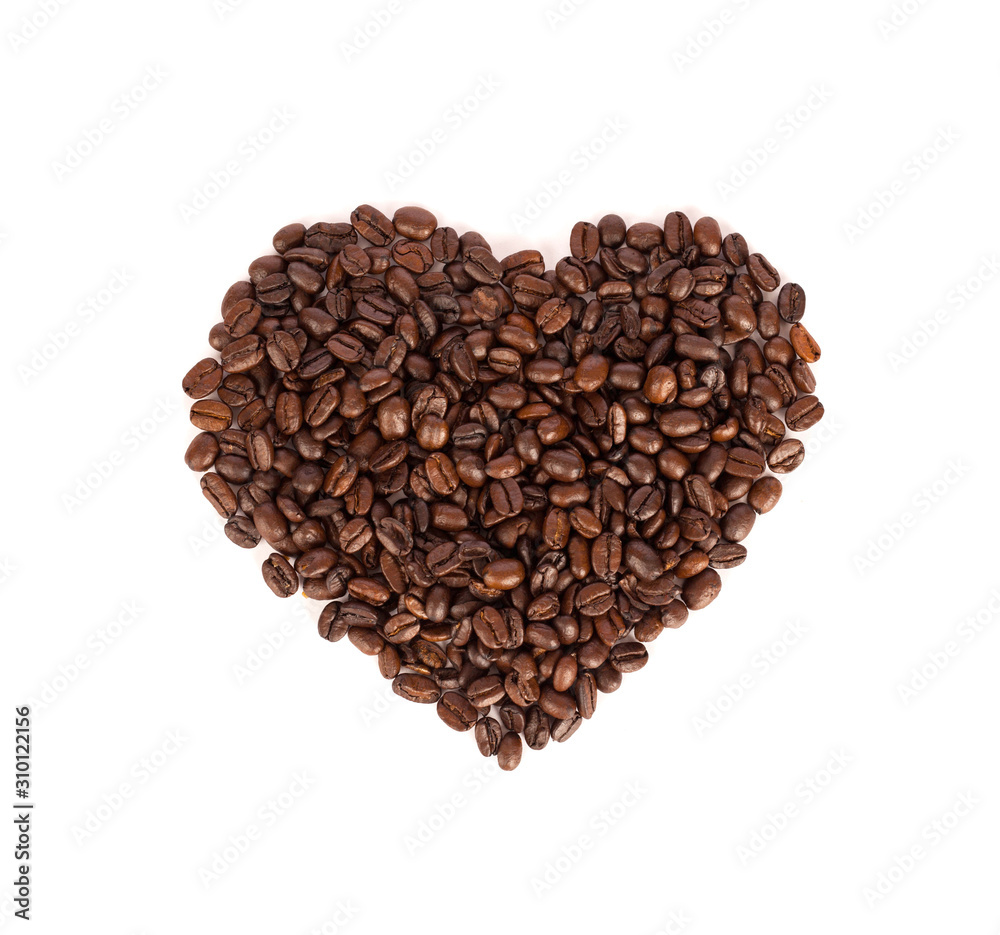 Heart shape of roasted coffee beans isolated on a white background.