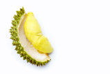 Fresh ripe cut durian on white.