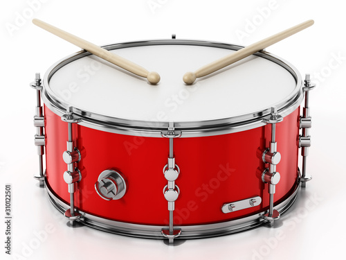 Tela Snare drum set isolated on white background. 3D illustration