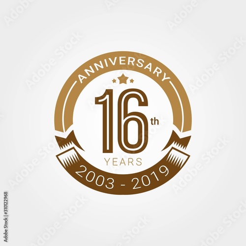Anniversary golden badge 16 Years with gold style Vector Illustration