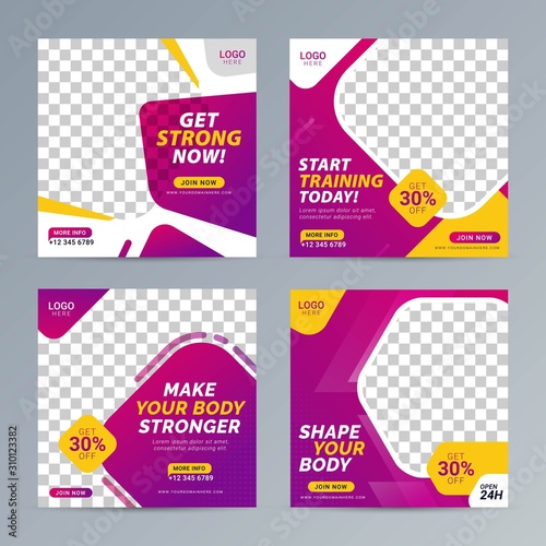 Fitness gym social media post square banner template for fitness studio promotion