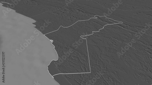 Cabinda, province with its capital, zoomed and extruded on the bilevel map of Angola in the conformal Stereographic projection. Animation 3D photo