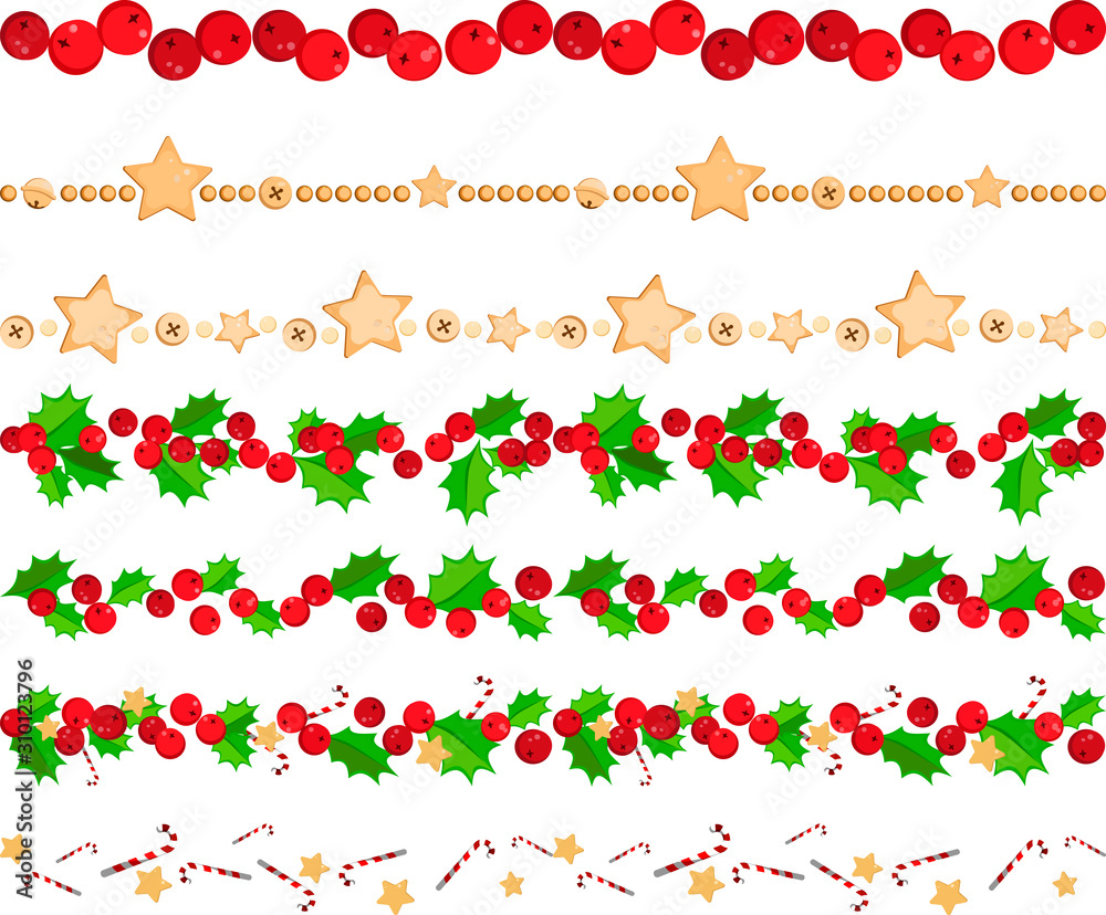Seamless Christmas vector pattern border set isolated. Xmas decoration vector illustration, thread pattern beads and stars, berries and holly
