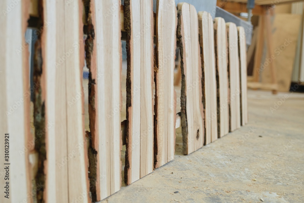 Fototapeta premium Wooden rustic style fence in carpentry workshop