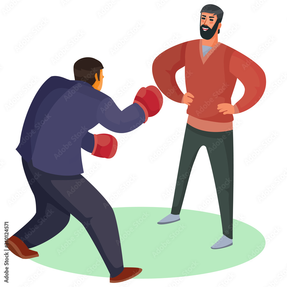 a man in boxing gloves attacks another man, he stands calm and tries to listen and understand what is happening, isolated object on a white background, vector illustration a man in boxing gloves attacks another man, he stands calm and tries to listen and understand what is happening, isolated object on a white background, vector illustration