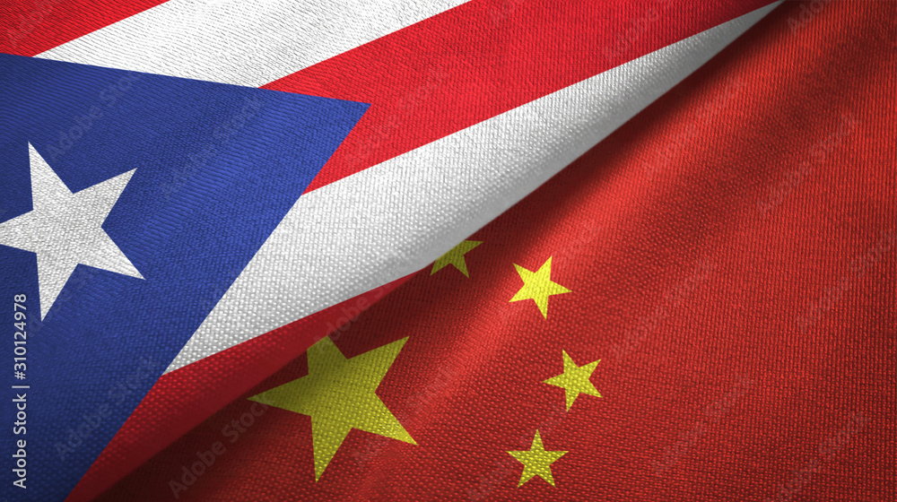 Fototapeta premium Puerto Rico and China two flags textile cloth, fabric texture