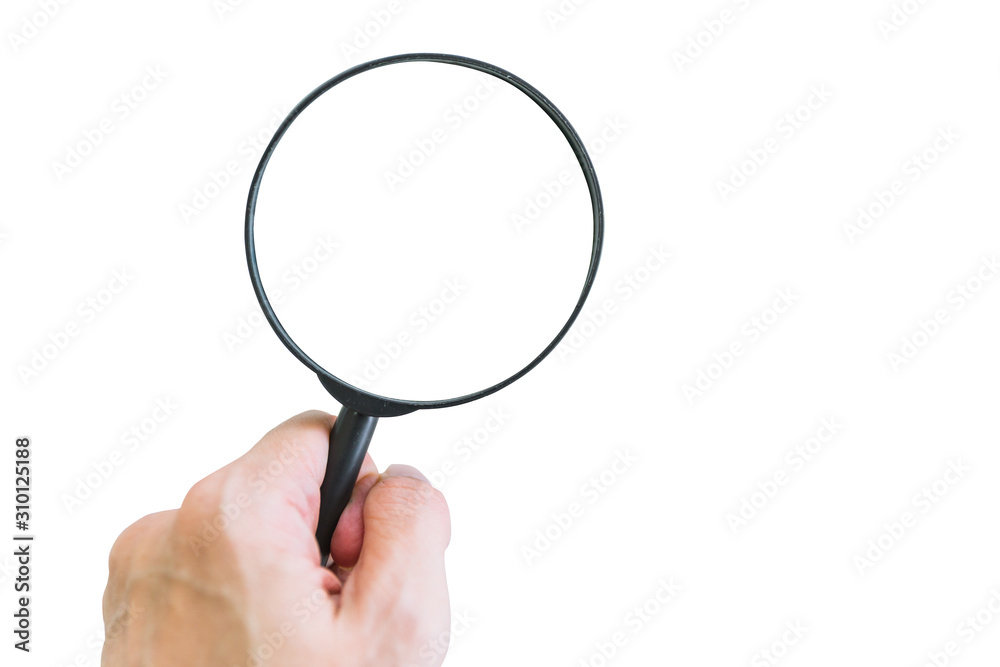 Male hand holding Magnifying glass isolated on white background Male hand holding Magnifying glass isolated on white background