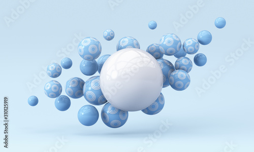 Fototapeta Naklejka Na Ścianę i Meble -  Blue flying spheres with white decor on a blue background. 3d render illustration.