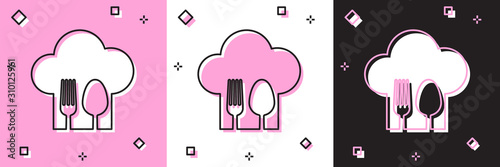 Set Chef hat with fork and spoon icon isolated on pink and white, black background. Cooking symbol. Restaurant menu. Cooks hat.  Vector Illustration