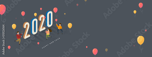 2020 Happy New Year design with people celebrating and colorful balloons