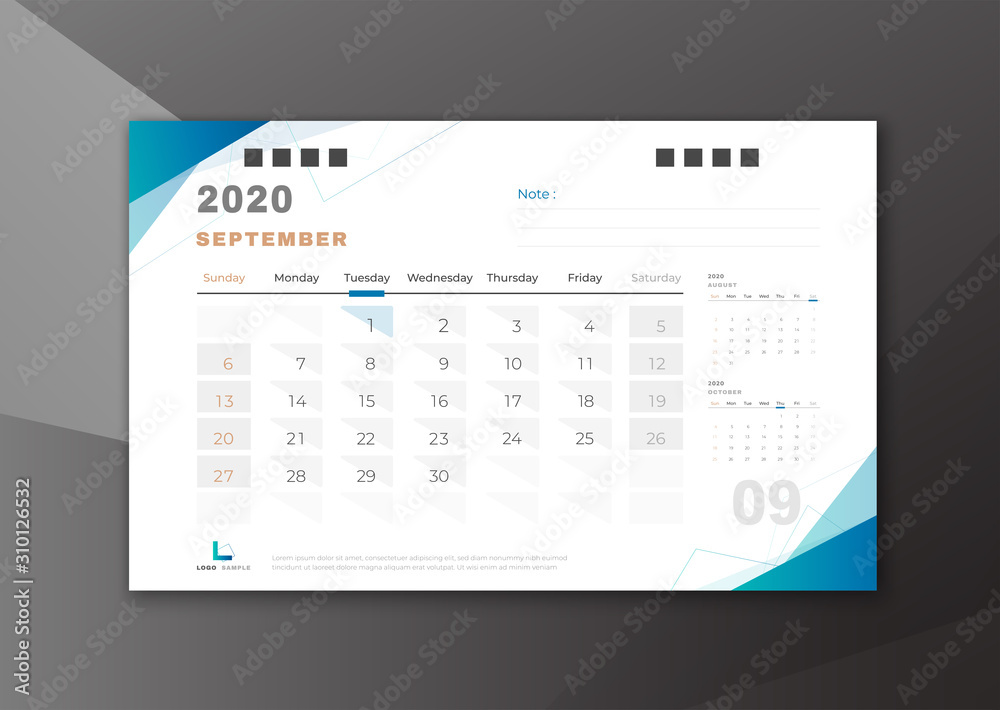 2020 September desk calendar white blue theme 2020 September desk calendar white blue theme