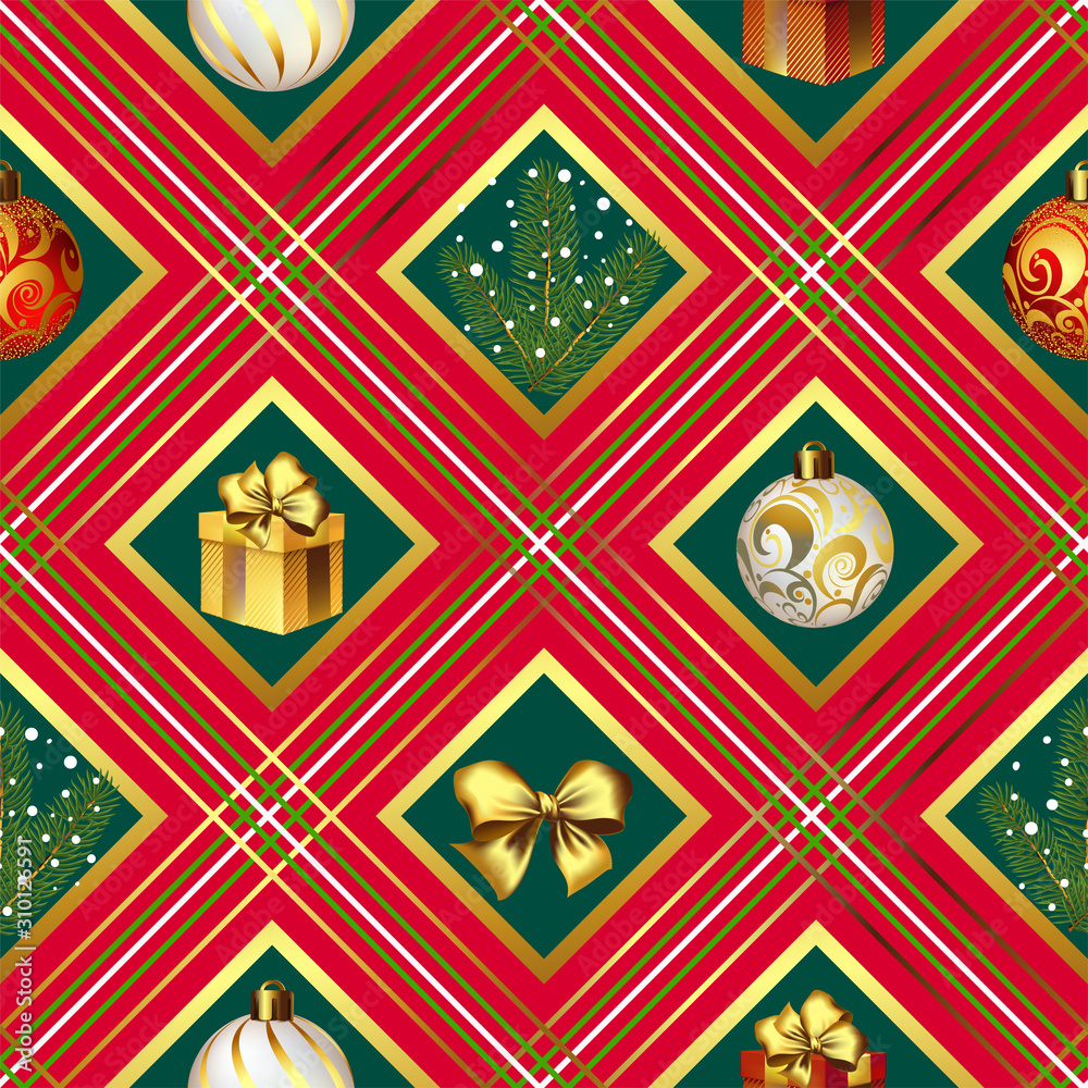 Fir branches, balls, gifts with bows on a winter seamless background. Decorative greeting card happy New year and merry Christmas. Advertising banner for trade and sale Fir branches, balls, gifts with bows on a winter seamless background. Decorative greeting card happy New year and merry Christmas. Advertising banner for trade and sale