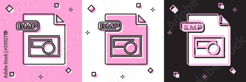 Set BMP file document. Download bmp button icon isolated on pink and white, black background. BMP file symbol. Vector Illustration photo