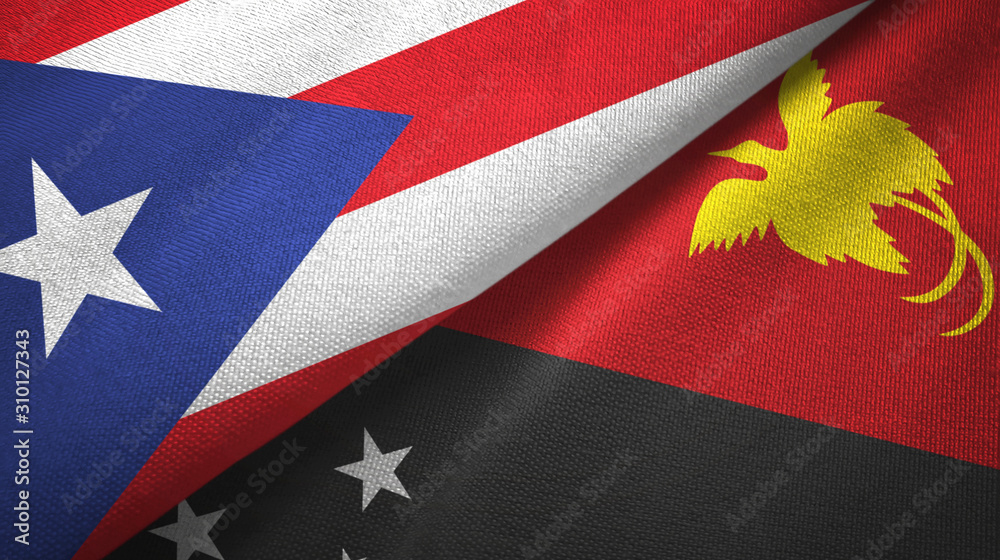 Fototapeta premium Puerto Rico and Papua New Guinea two flags textile cloth, fabric texture