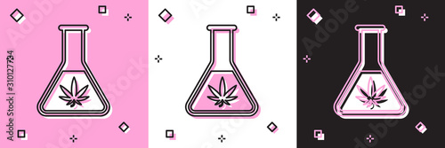 Set Chemical test tube with marijuana or cannabis leaf icon isolated on pink and white, black background. Research concept. Laboratory CBD oil concept. Vector Illustration