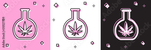 Set Chemical test tube with marijuana or cannabis leaf icon isolated on pink and white, black background. Research concept. Laboratory CBD oil concept. Vector Illustration