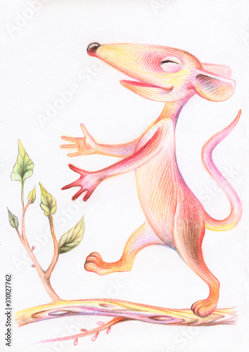 Pencil drawing of a rat. Illustration for children. Image of animals with colored pencils. Chinese Horoscope 2020. Rat - sleepwalker walks on a branch.