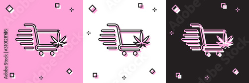 Set Shopping cart with marijuana or cannabis leaf icon isolated on pink and white, black background. Online buying. Delivery service. Supermarket basket. Vector Illustration