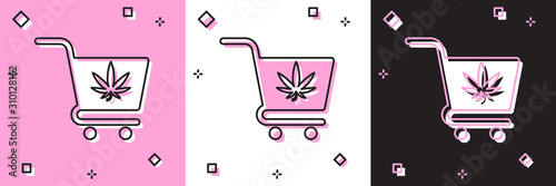 Set Shopping cart with marijuana or cannabis leaf icon isolated on pink and white, black background. Online buying. Delivery service. Supermarket basket. Vector Illustration