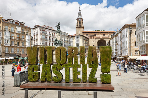 Traditional spanish picturesque square in Vitoria-Gasteiz. Euskadi, Spain