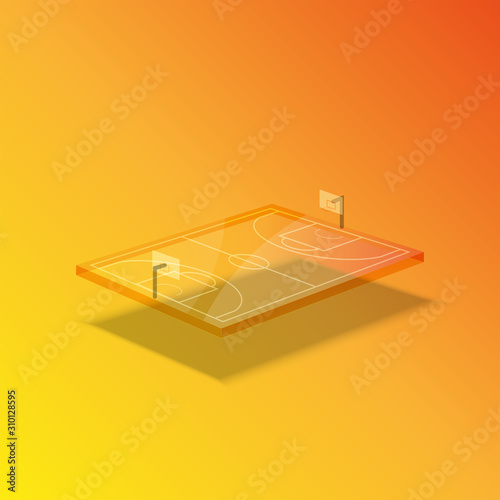 Basketball court sport playground concept, transparent levitation isometric shape with shadow, yellow gradient plastic material design