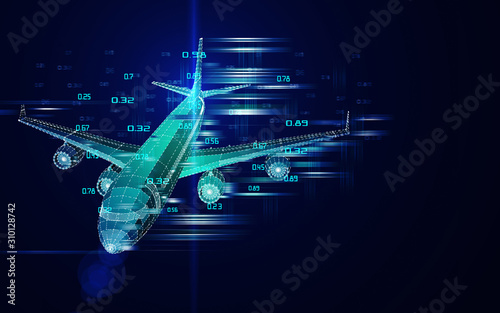 Abstract airplane constructed from lines. Outline wireframe analytical concept. Travel, tourism, transport. Aircraft 3d illustration.