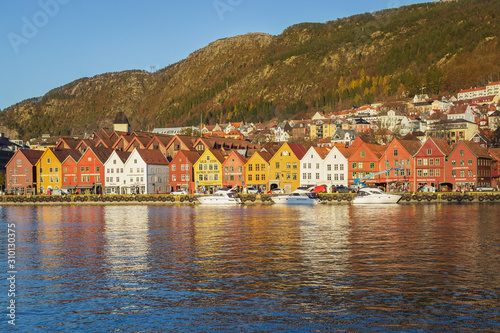 Bergen, Norway - november 2019. Bryggen - most visited tourist attraction in Bergen - UNESCO World Heritage site - old hansaetic wooden houses standing in row
