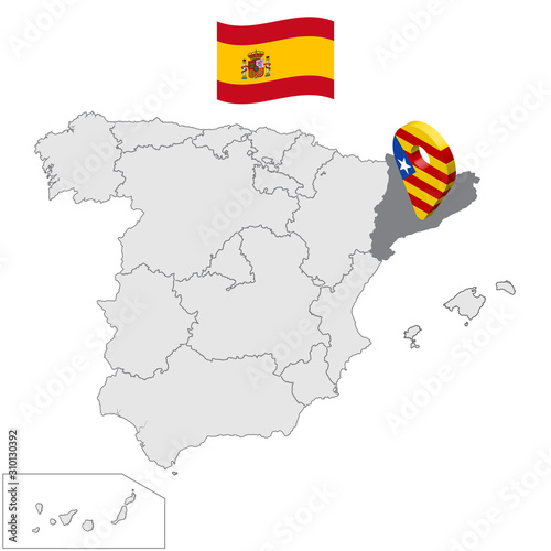 Location of Catalonia on map Spain. 3d Catalonia location sign similar to the flag of Catalonia. Quality map with regions Kingdom of Spain. Stock vector. EPS10.