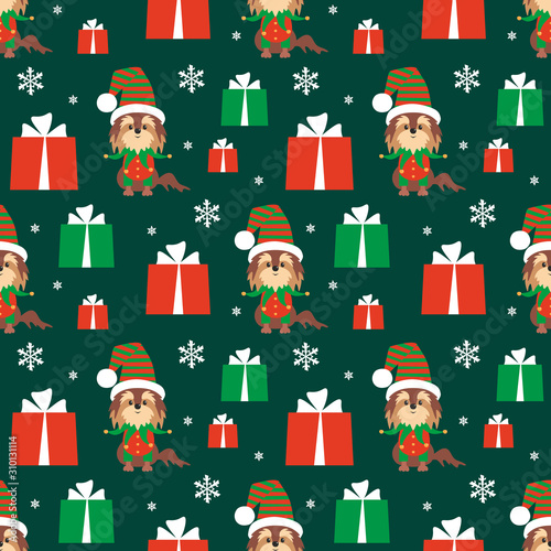 Colorful seamless pattern with cute dog in Christmas costume. Vector background.