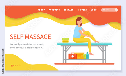 Self massage care and professional treatment of woman leg in therapy spa salon. Female sitting on table massaging skin with lotion and oil. Website or webpage template, landing page flat style vector