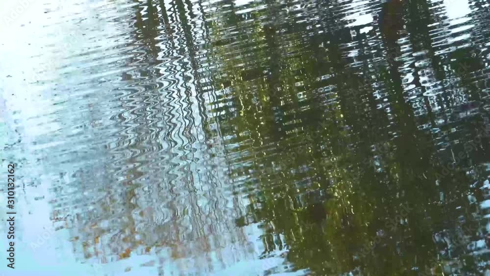 Trees and clouds ripple in the waves at a pond . Trees and clouds ripple in the waves at a pond .