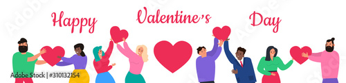 people give a red heart to each other happy valentines day vector illustration