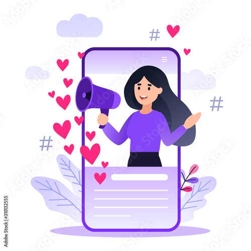 Flat vector style illustration with characters - influencer marketing concept - blogger promotion services, goods for followers online. Social media influencer shouting in megaphone from smartphone.