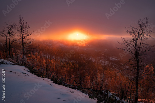 Sunset over misty mountain forest 
