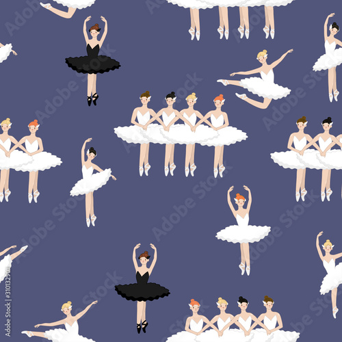 Seamless pattern of ballerinas on a purple background. Vector graphics.