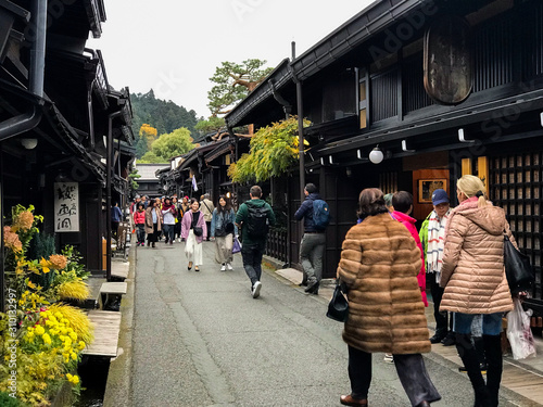 many tourist at historic old town Takayama Gifu Japan November 15, 2019