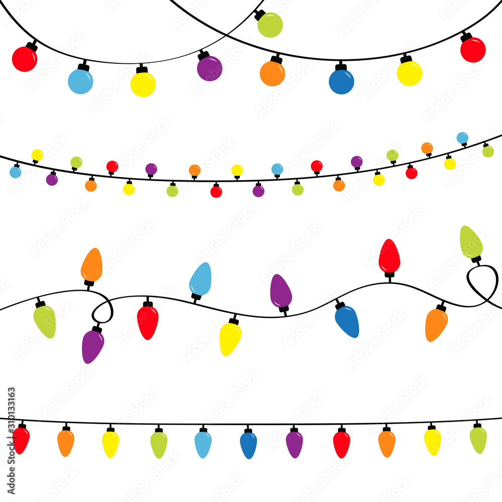Christmas lights set. Holiday festive xmas decoration. Four lightbulb glowing garland. Colorful string fairy light Rainbow color. Flat design. White background. Isolated.