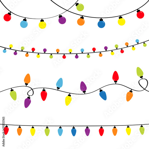 Christmas lights set. Holiday festive xmas decoration. Four lightbulb glowing garland. Colorful string fairy light Rainbow color. Flat design. White background. Isolated.