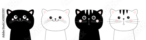 Black white cat head face line contour silhouette icon set. Pink blush cheeks. Funny kawaii smiling sad doodle animal. Cute cartoon funny character. Pet collection. Flat design Baby background.