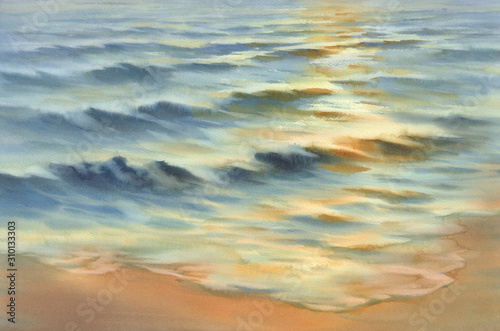 sunny sea reflections watercolor background. Summer landscape