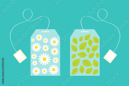 Tea bag herbal chamomile daisy camomile flower mint, spearmint inside. Teabag packaging with label icon set. Top wiew. Flat design. Isolated. Green background.