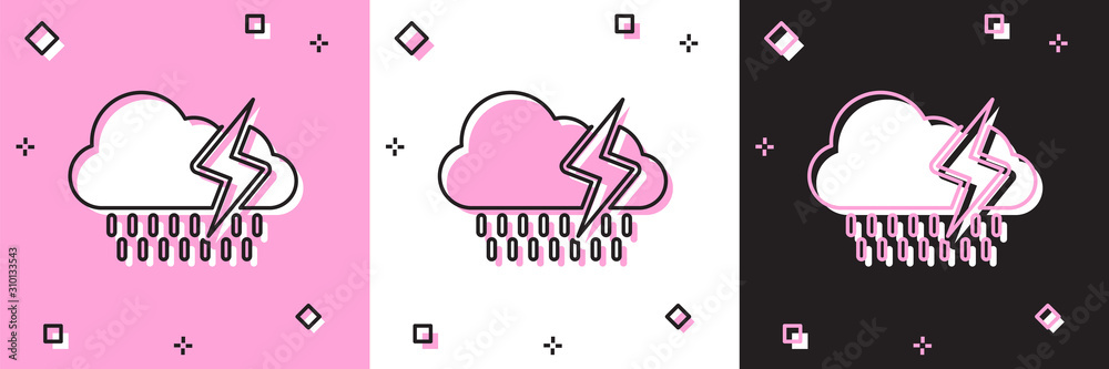 Set Cloud with rain and lightning icon isolated on pink and white ...