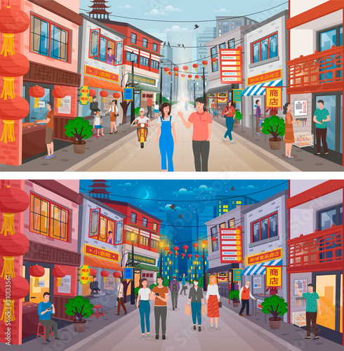 People walking at streets in chinese city. Roads, buildings with traditional lanterns and ornaments of festival. Chinese New Year celebration, asia cityscape, oriental skyline at day and night, vector