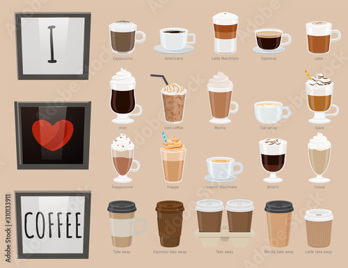 Collection of glasses with drinks. Coffee types, variety of beverages. Americano and latte macchiato, iced coffee and irish type. Frappuccino and frappe, bicerin and cocoa takeaway. Vector in flat