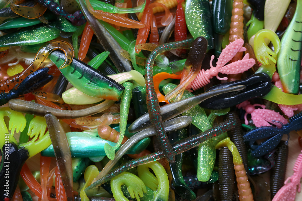 Pile of rubber bait background.