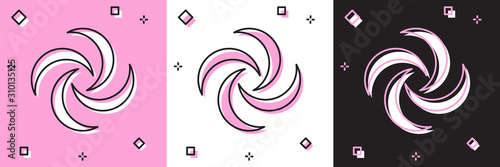 Set Tornado icon isolated on pink and white, black background. Cyclone, whirlwind, storm funnel, hurricane wind or twister weather icon. Vector Illustration