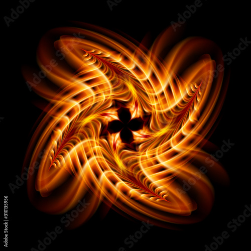 Abstract Image of Blazing Hot Fire Swirl and Plasma Effects. Movement Soft Fire Flame. Beauty Texture of Amazing Magic Fire Light Effect on Black Backdrop