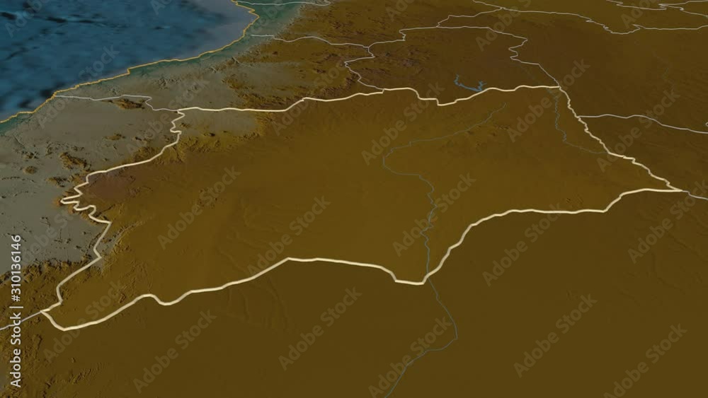 Huíla, province with its capital, zoomed and extruded on the relief map of Angola in the conformal Stereographic projection. Animation 3D